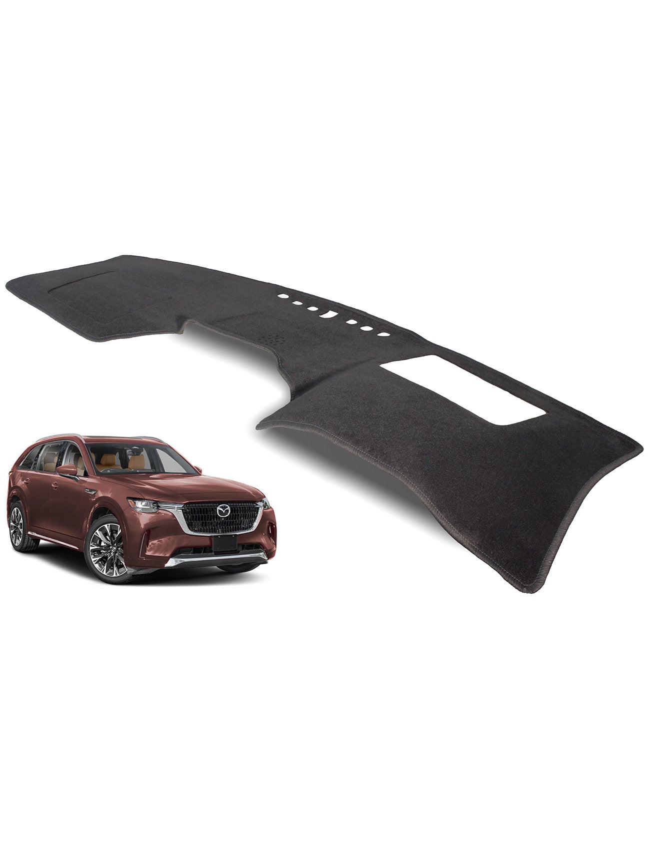 The Sunland-Protection Mazda CX-90 Dash Mat is featured on a dark red SUV, enhancing its sleek design. This airbag-safe, custom-fitted mat boosts style while helping to keep the vehicle cool.