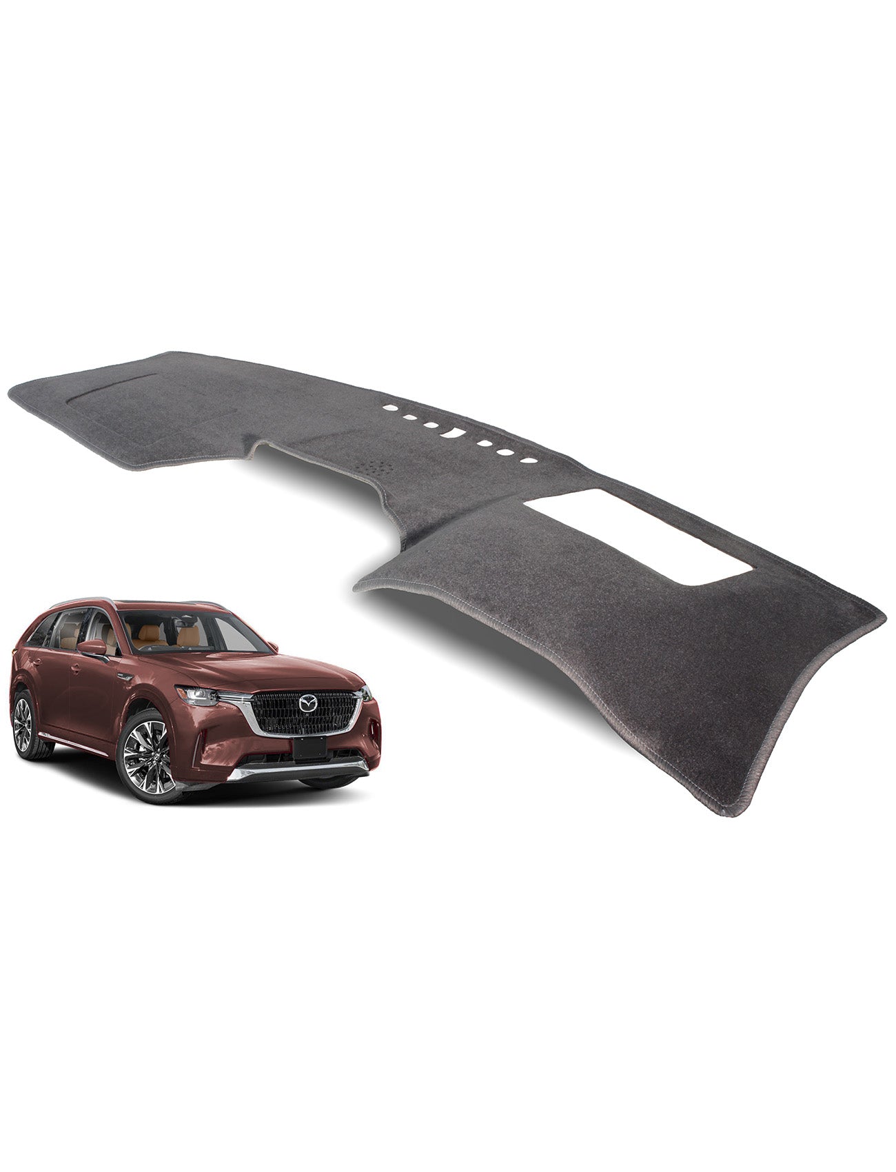 A brown SUV is in the bottom corner with a Sunland-Protection Mazda CX-90 Dash Mat above. This black cover features an Air Bag Safe design with cutouts for air vents, shown at an angle for demonstrating its perfect fit to keep your vehicle cool.
