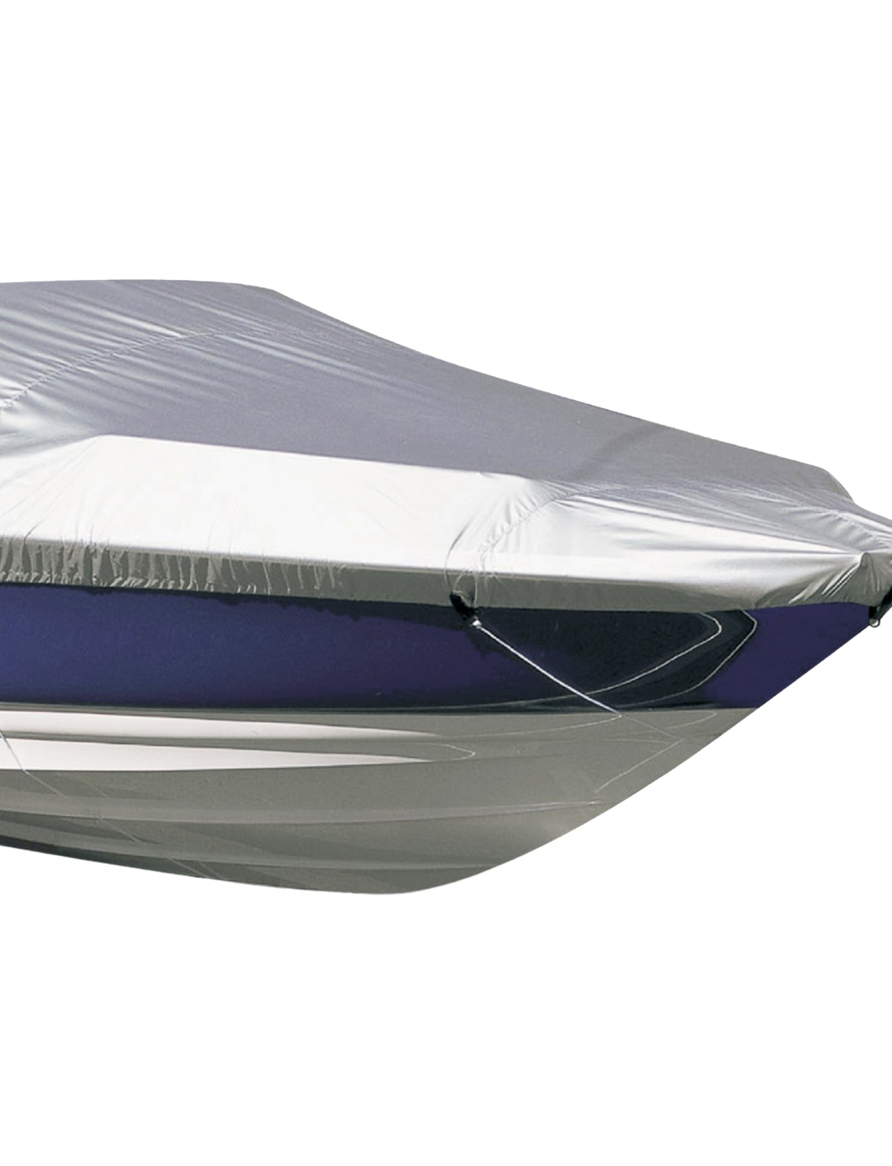 A Sunland-Protection boat cover, fitting 5.2m - 5.8m boats, wraps snugly around the sleek blue and white hull, offering mildew-resistant, all-weather protection with its translucent material for secure storage or transit.