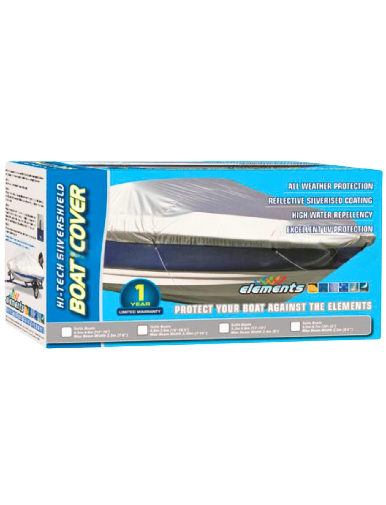 The Sunland-Protection Boat Cover (fits 4.8m - 5.6m) features high-tech silvershield, all-weather protection, and mould & mildew resistance with a reflective coating on its box packaging. An illustration of a boat with the cover is shown and includes a one-year limited warranty label.