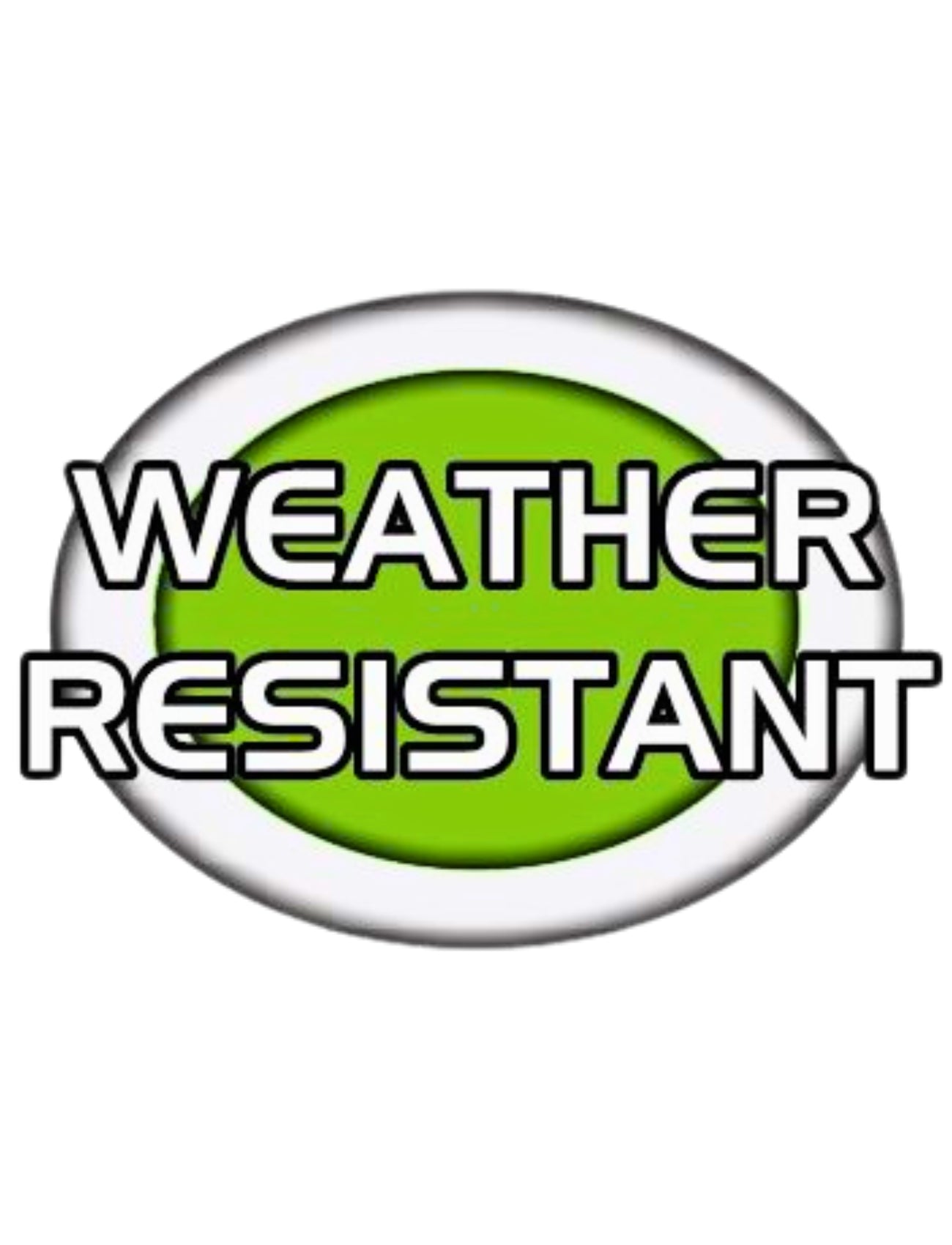 The Sunland-Protection Boat Cover (5.2m - 5.8m) has a green oval with a white border and bold, capitalized black text "WEATHER RESISTANT," indicating all-weather protection and mildew resistance, ideal for boat covers.