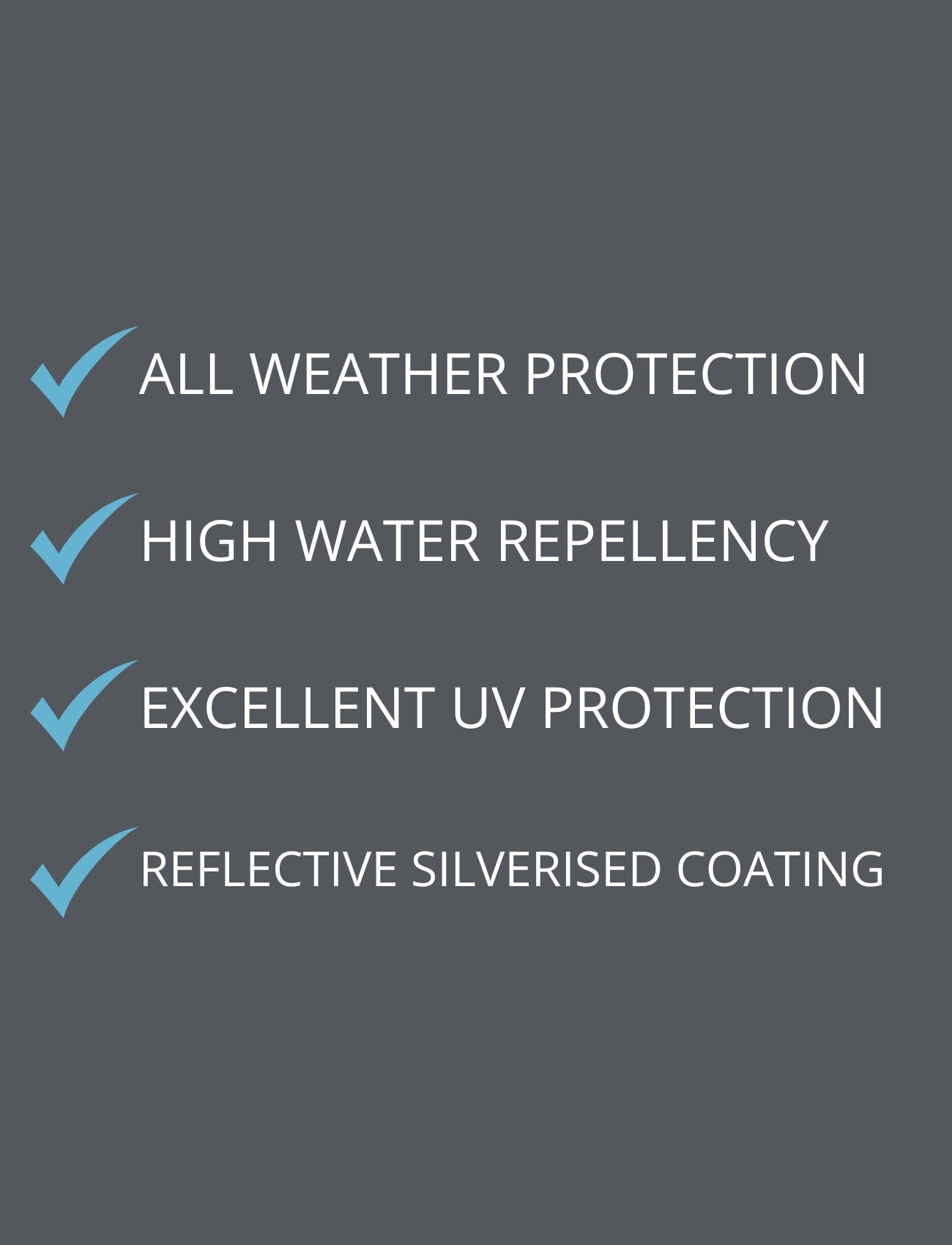 A dark gray image features four blue check marks with white text: "All weather protection," "High water repellency," "Excellent UV protection," and "Reflective silverized coating." Sunland-Protection's Boat Cover, fitting 5.2m-5.8m, is ideal for durability and mildew resistance.
