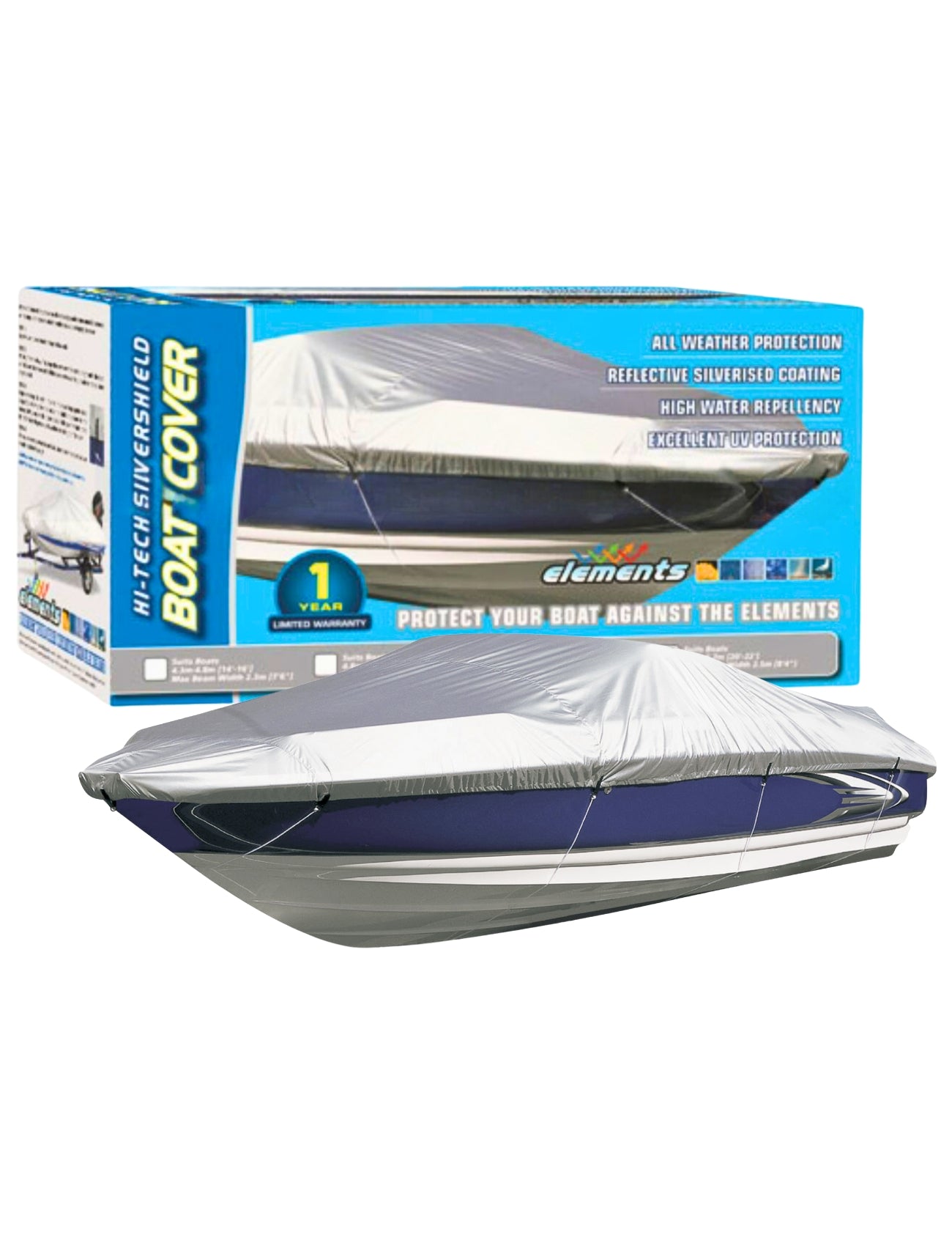 The Sunland-Protection Boat Cover fits 4.8m - 5.6m vessels and features a sleek gray design on the package. It offers all-weather protection with mould and mildew resistance, a UV reflective coating, and exceptional water repellency.