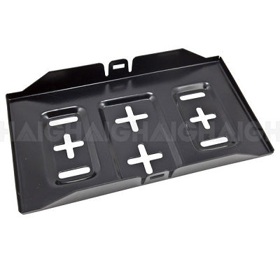 The Battery Link Metal Battery Tray is a universal black tray with multiple cutouts, designed for equipment mounting. It features a raised edge on two sides and a protruding tab, making it ideal for versatile battery use.