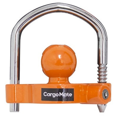 The "Cargo Mate" Trailer Coupling Lock is a heavy-duty lock with a curved silver shackle and screw, featuring a unique mechanism to securely lock trailers.