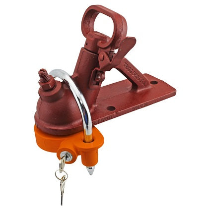 The Cargo Mate Trailer Coupling Lock, featuring a red design with an orange base and a silver U-shaped shackle, uses a unique locking mechanism and includes keys. This heavy-duty lock is specifically designed to secure trailers and prevent unauthorized towing.
