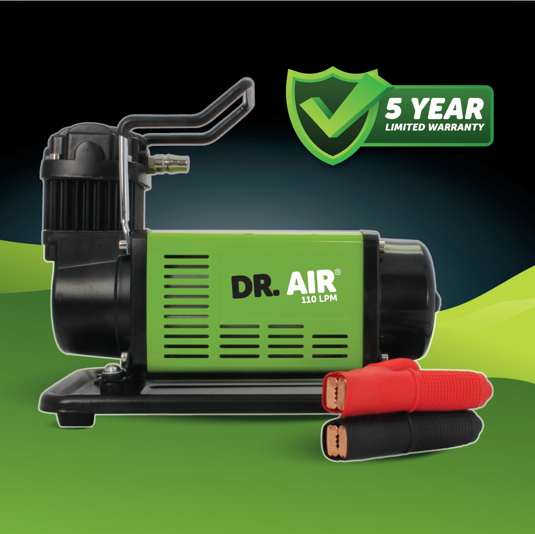 The Mean Mother 4x4 "12V Air Compressor 110 LPM" is a compact and powerful unit in sleek green and black, featuring attached black and red cables. A green shield icon represents a "5 Year Limited Warranty," set against a stylish green and black gradient background that enhances its modern appeal.