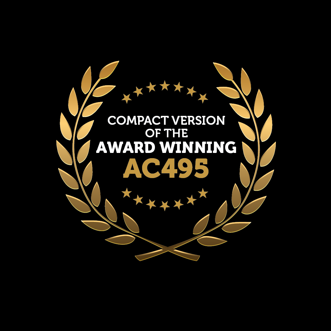 A gold laurel wreath surrounds the text: "Compact Version of the Award-Winning 12V Air Compressor 110 LPM by Mean Mother 4x4," with stars decorating the center. The background is black.