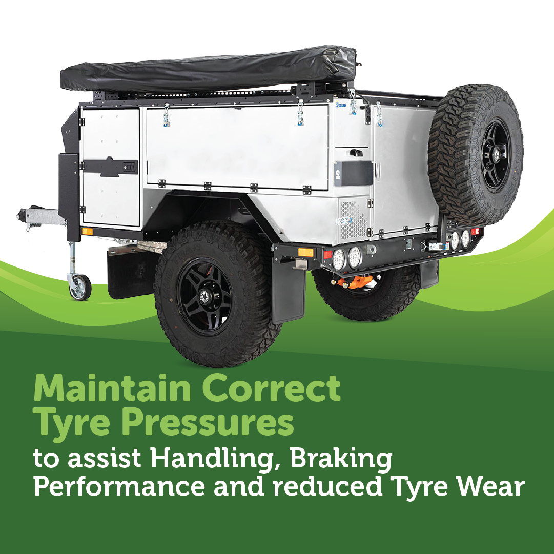 A compact, rugged off-road trailer features a mounted spare tire and covered top. Text on the image reads, "Maintain Correct Tyre Pressures with the Mean Mother 4x4 12V Air Compressor 110 LPM to assist Handling, Braking Performance, and reduce Tyre Wear." A powerful green gradient serves as the background.