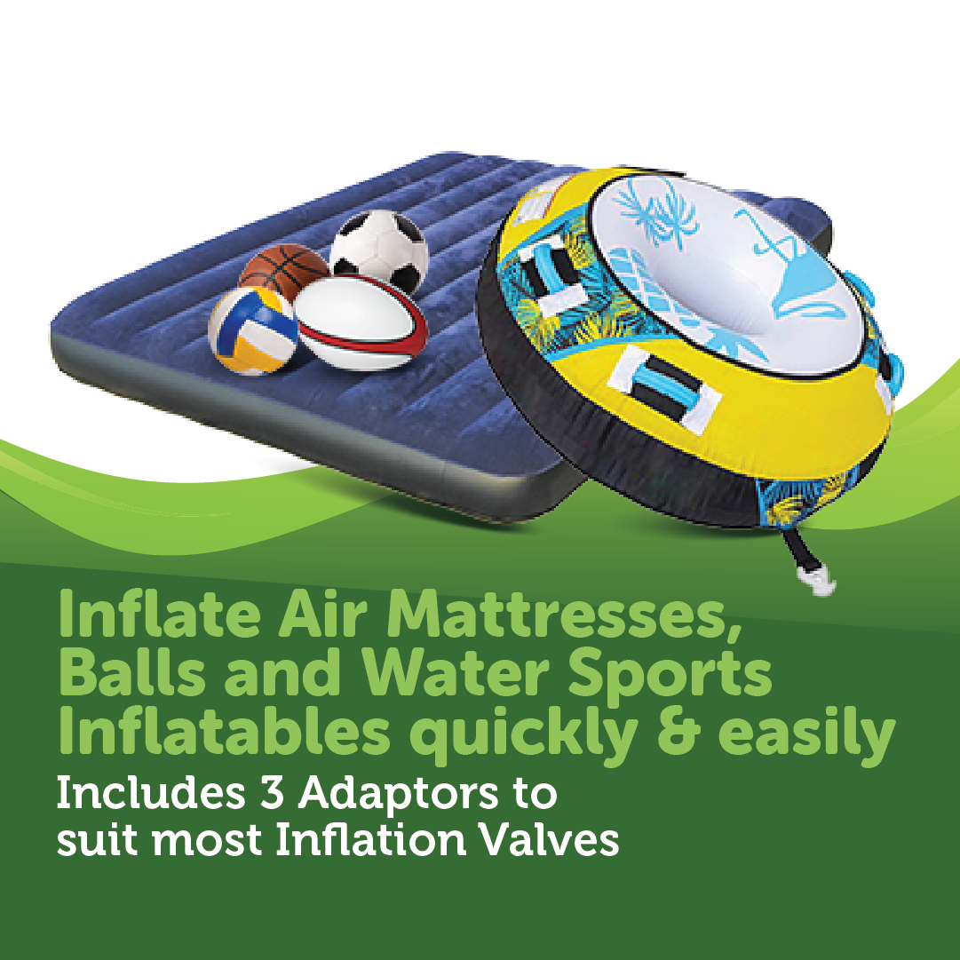 A 12V Air Compressor 110 LPM by Mean Mother 4x4, sports balls, and a water sports inflatable are displayed. The accompanying text reads, "Inflate air mattresses, balls, and water sports inflatables quickly & easily with this compact device. Includes 3 adaptors to suit most inflation valves.