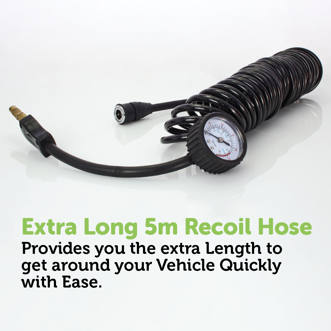 Compact and powerful, this coiled black recoil hose from Mean Mother 4x4 features a 5m length with an integrated pressure gauge, perfect for efficient maneuverability around your vehicle. Text below reads: "12V Air Compressor 110 LPM. Provides you the extra Length to get around your Vehicle Quickly with Ease.