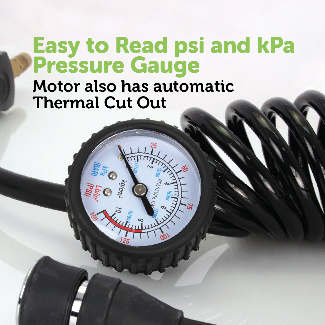 A close-up of the Mean Mother 4x4 12V Air Compressor 110 LPM showcases its compact pressure gauge attached to a coiled hose. The air compressor clearly displays psi and kPa readings, accompanied by the text: "Easy to Read psi and kPa Pressure Gauge." Featuring a powerful motor, it also includes an automatic Thermal Cut Out for added safety.