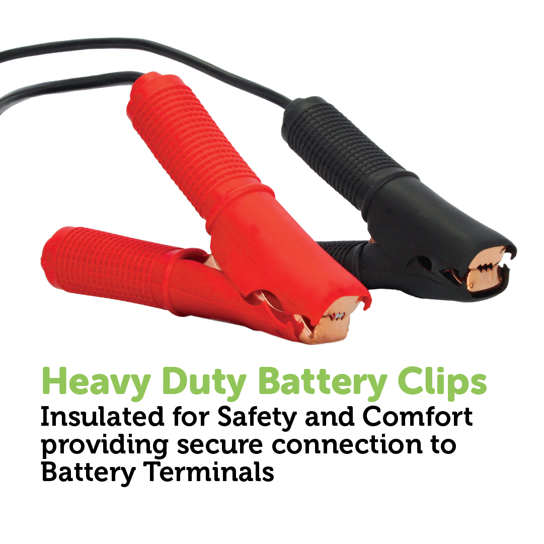 The image displays two robust battery clips—one red and one black—aligned in opposite directions. The text states, "Heavy Duty Battery Clips." These clips are insulated to ensure safety and comfort, offering a secure connection to battery terminals. Ideal for compact setups or powering a Mean Mother 4x4 12V Air Compressor 110 LPM.