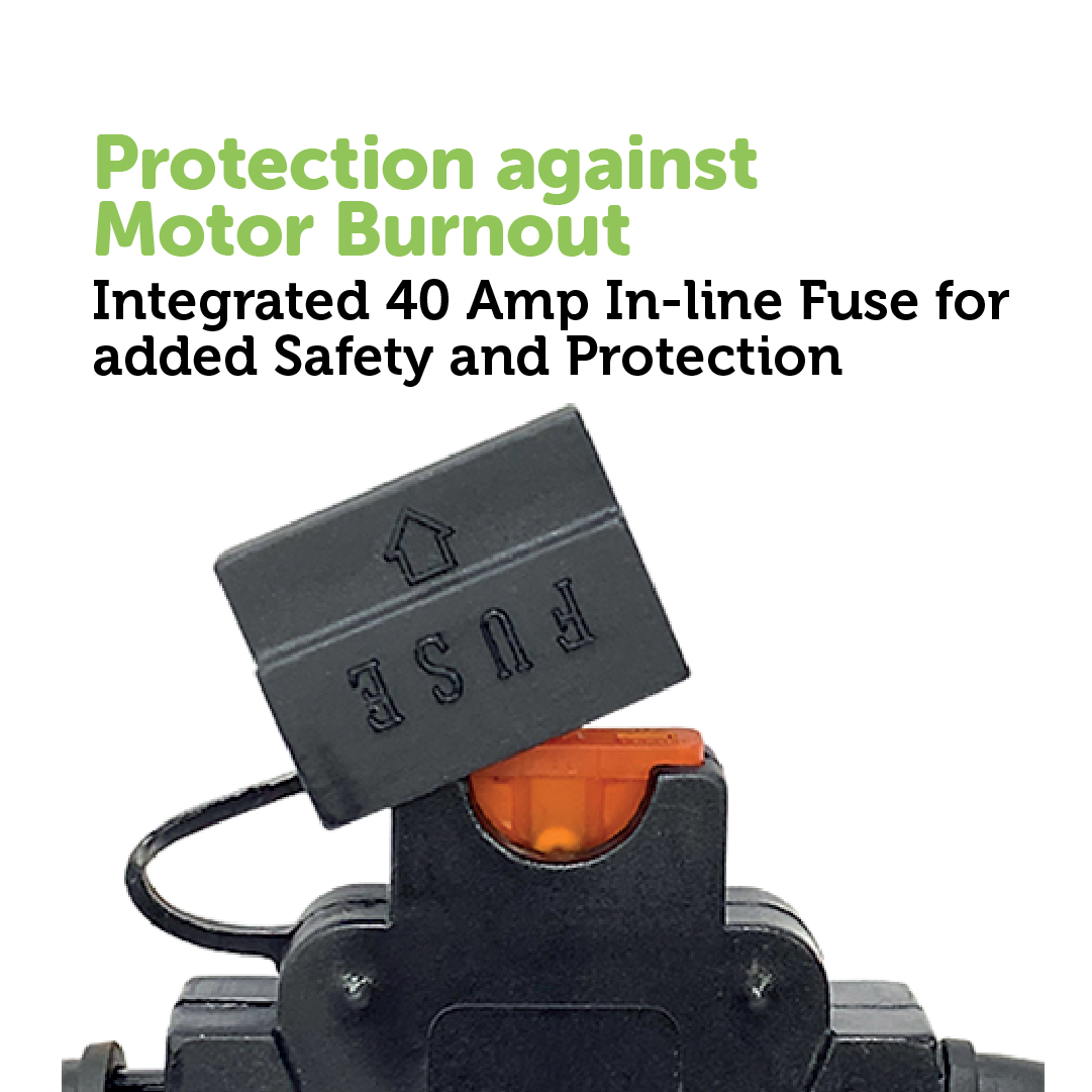 A detailed view showcases a compact in-line fuse holder containing a visible 40 Amp fuse, ideally suited for your powerful 12V Air Compressor 110 LPM by Mean Mother 4x4. The text positioned above states, "Protection against Motor Burnout. Integrated 40 Amp In-line Fuse for added Safety and Protection," displayed in green and black fonts.