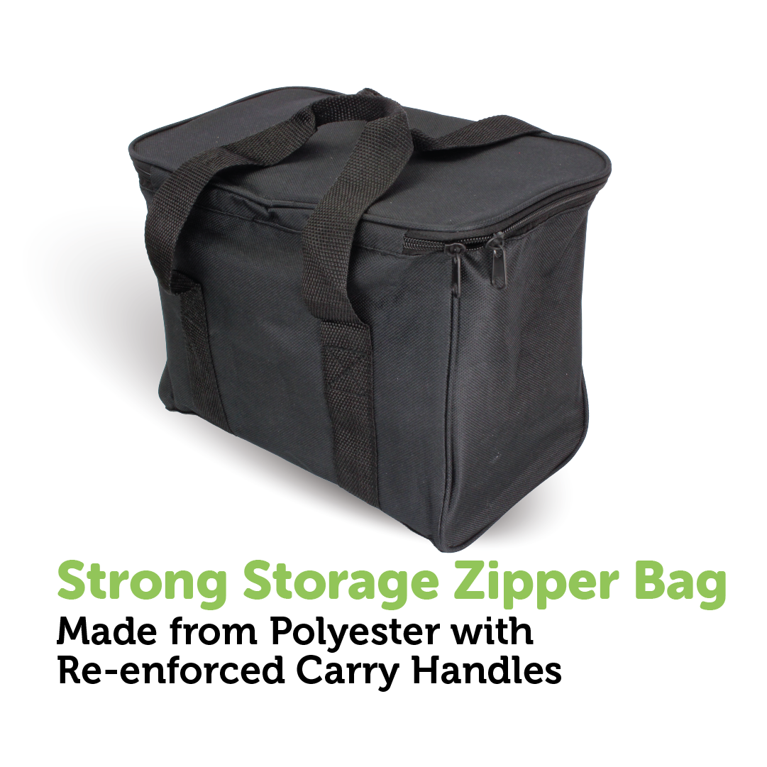 A sturdy black polyester storage zipper bag featuring durable reinforced carry handles. Text below reads: "Reliable Storage Zipper Bag. Crafted from Polyester with Reinforced Carry Handles.