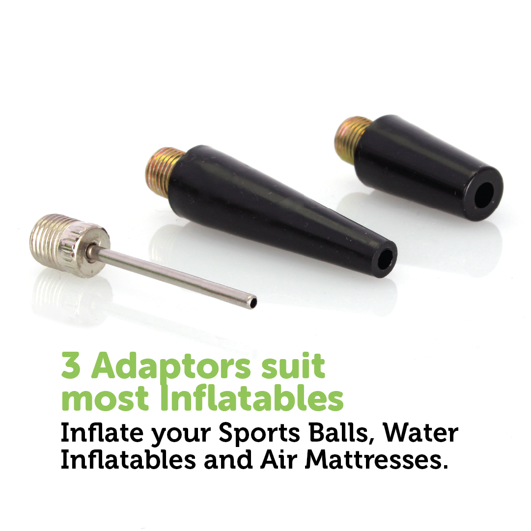 Displayed on a white background are three inflatable adaptors: a needle adaptor, a black cone adaptor, and a grey threaded adaptor. The text states, "3 Adaptors suit most inflatables. Use the Mean Mother 4x4 12V Air Compressor 110 LPM to inflate sports balls, water inflatables, and air mattresses effortlessly.