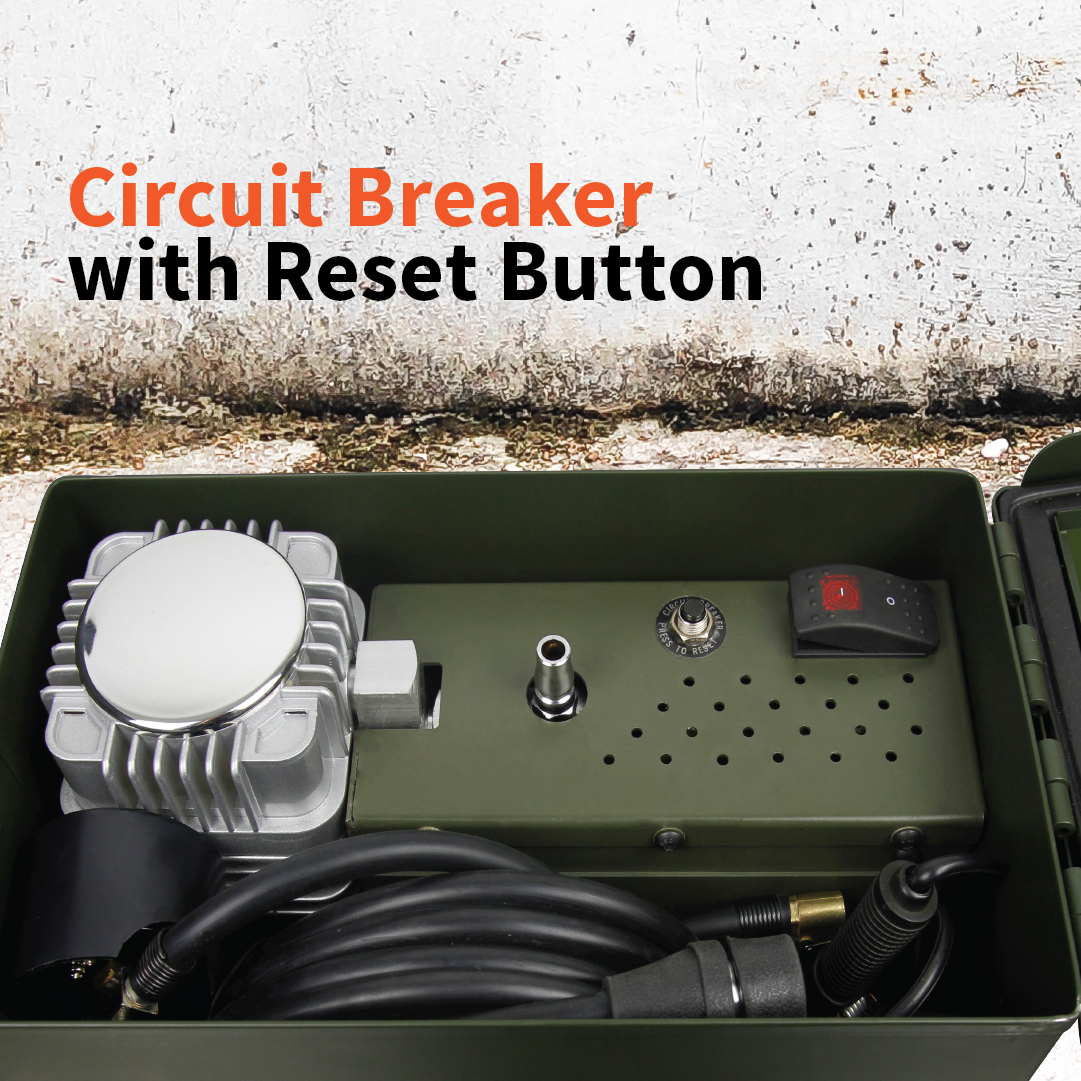 A Dr Air product titled the Ammo Box Air Compressor, designed for 4WD vehicles with a capacity of 150 Lpm, is shown in a green box. It features a robust body with an easily accessible reset button, accompanied by wiring and metallic parts, all set against a textured white wall. The text states "Military Tough Circuit Breaker with Reset Button.