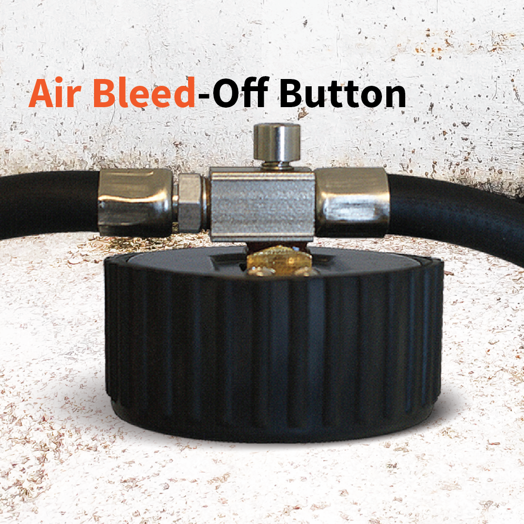 Close-up of the air bleed-off button on the robust black hose connector of the Ammo Box Air Compressor by Dr Air. The textured black knob at the base evokes a heavy-duty ammo housing design. Set against a speckled white background, "Air Bleed-Off Button" is prominently displayed in bold red and black text above, showcasing its military-grade reliability.