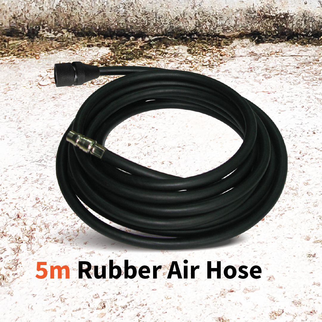 A coiled 5-meter black rubber air hose, complete with connectors at both ends, is set on a textured surface, making it ideal for the Dr Air Ammo Box Air Compressor. Text below reads "5m Rubber Air Hose.
