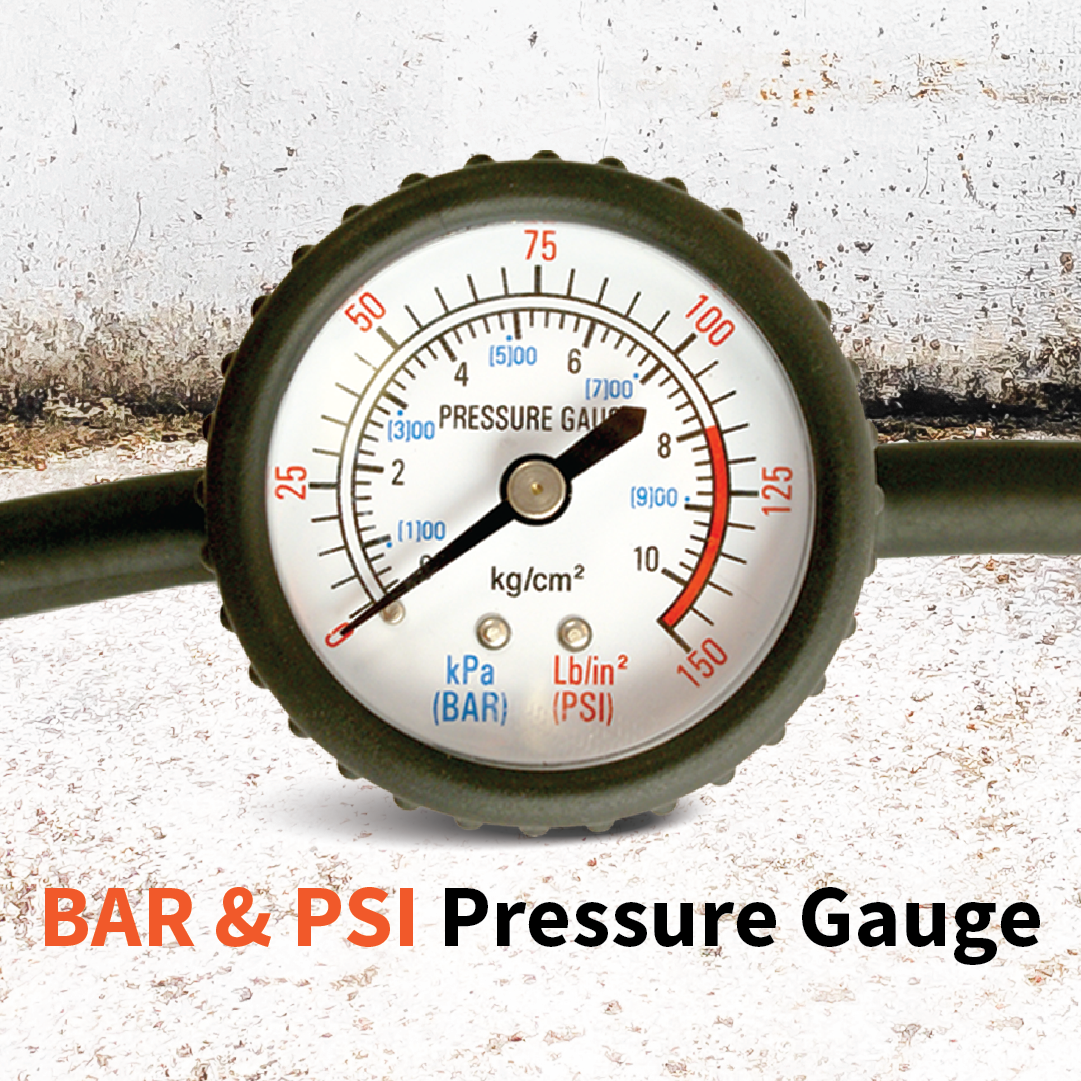 The Dr Air Ammo Box Air Compressor, a 4WD air compressor with military-grade accuracy, features a pressure gauge capable of reading measurements in both BAR and PSI. The gauge face, encased in durable ammo box casing, displays scales ranging from 0 to 125 PSI and 0 to 9 BAR, clearly marked for kPa and Lb/in². Against a rustic concrete background, it reads "BAR & PSI Pressure Gauge.