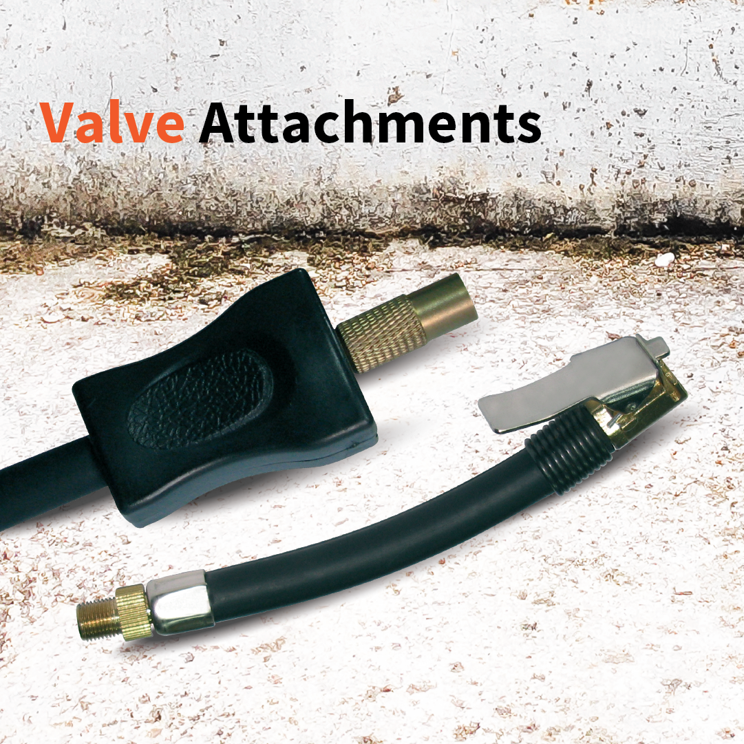 A close-up of two rugged valve attachments on a textured surface showcases one with a flat rectangular handle and the other with a curved lever, embodying a military-tough design. The bold black and orange lettering above reads "Dr Air Ammo Box Air Compressor | 4WD Air Compressor 150 Lpm.