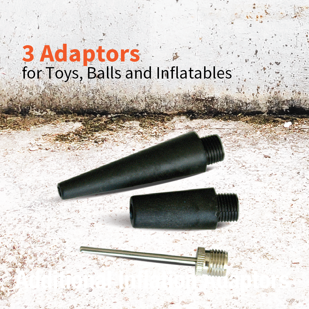 Three black adaptors from Dr Air, designed with military-grade precision for the Ammo Box Air Compressor (4WD Air Compressor 150 Lpm), are displayed against a textured background. The text reads "3 Adaptors for Toys, Balls and Inflatables.