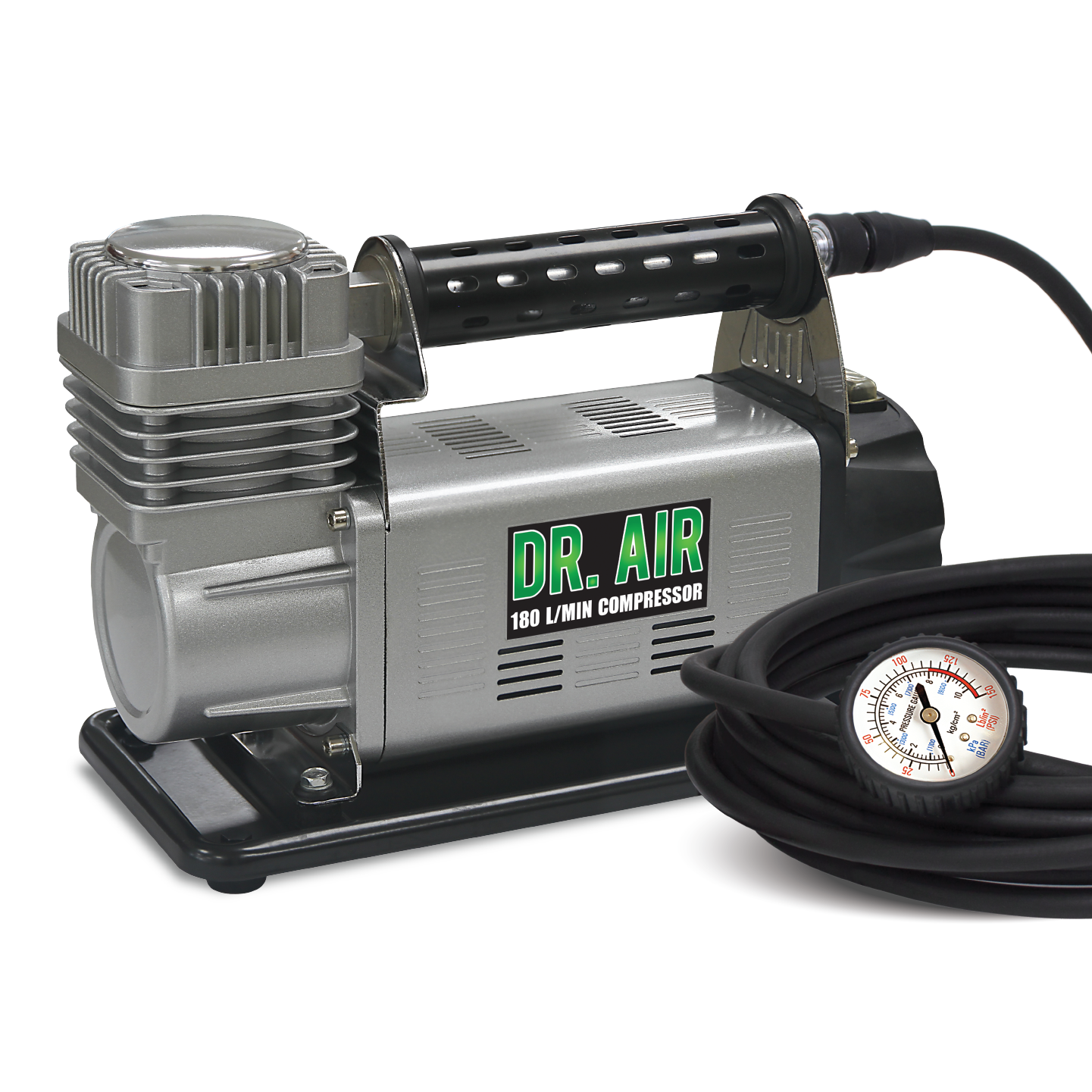 The "Dr Air" 12V Air Compressor 180Lpm features a sleek silver design with a black handle, gauge, and coiled hose. The gauge provides pressure readings, while the metal unit is equipped with vented sides for optimal cooling. Benefit from a reassuring 5-year warranty covering Free Air Delivery efficiency and performance.