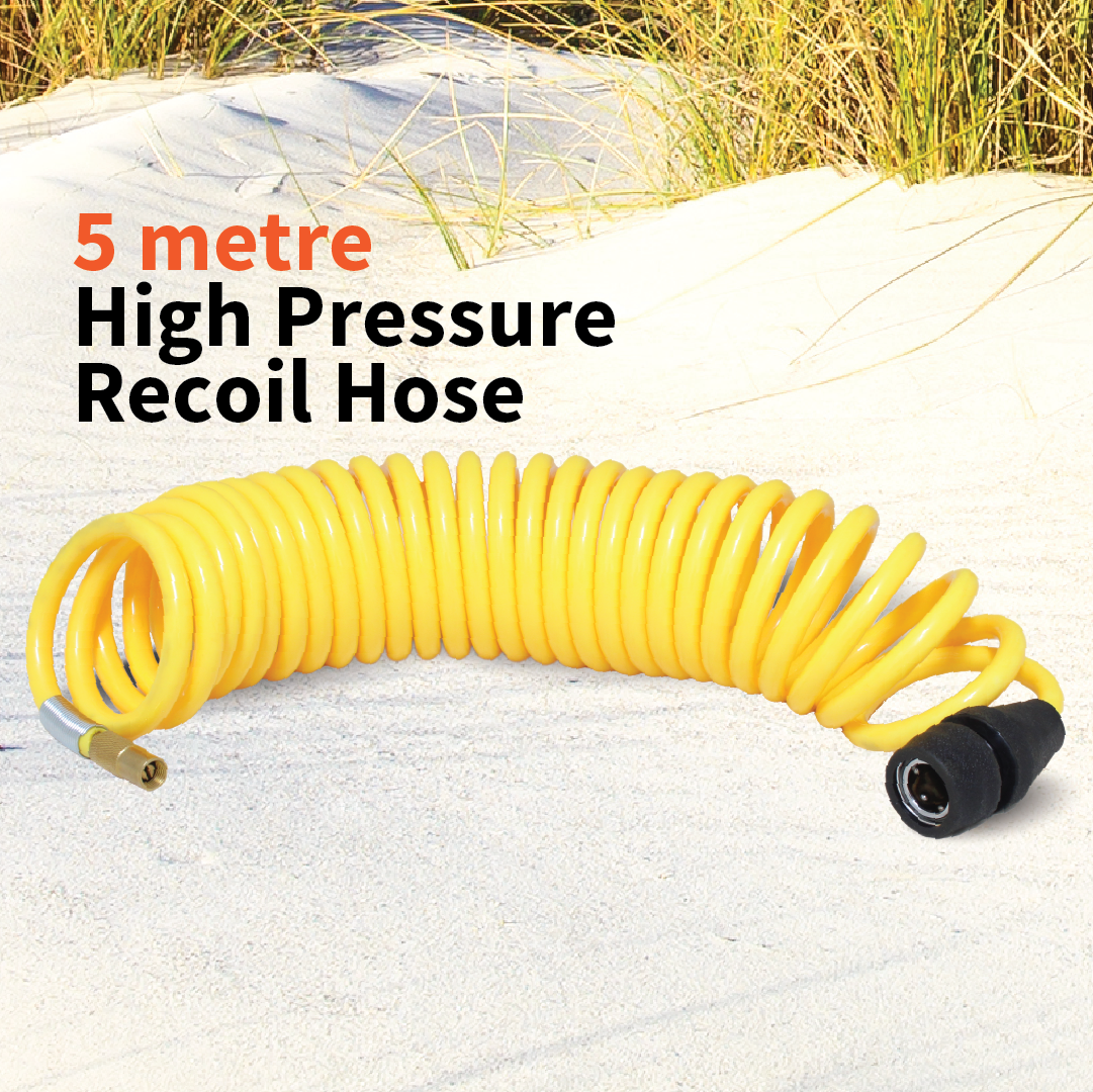 A coiled yellow high-pressure recoil hose is placed on sandy ground with grass in the background. The text highlights, "12V Air Compressor 45 Lpm by Dr Air," guaranteeing powerful air delivery ideal for a reliable air compressor setup.