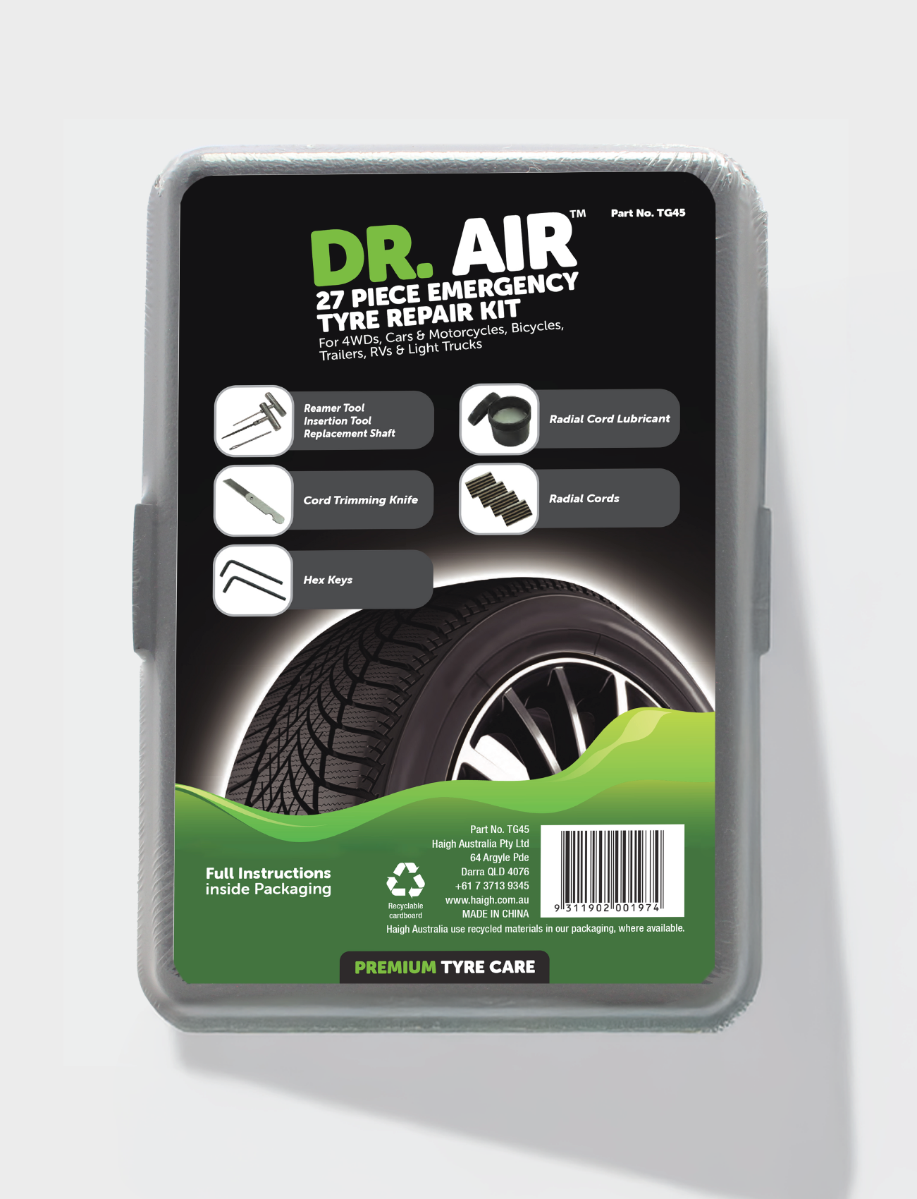 The Sunland-Protection Heavy Duty 27-piece Tubeless Tyre Repair Kit features a large tire image, tool icons, and green accent text emphasizing contents like the reamer tool and radial cords. It is suitable for various vehicles and perfect for 4x4 tyre repair needs.