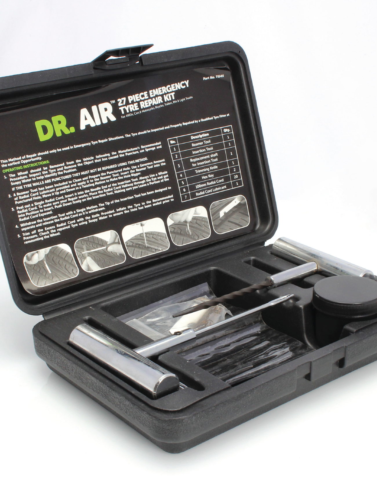 The open black Sunland-Protection Heavy Duty 27-piece Tubeless Tyre Repair Kit features tools like a jar of adhesive, steel handles, and rubber strips organized in compartments, making it ideal for quick 4x4 tyre repairs on the go.