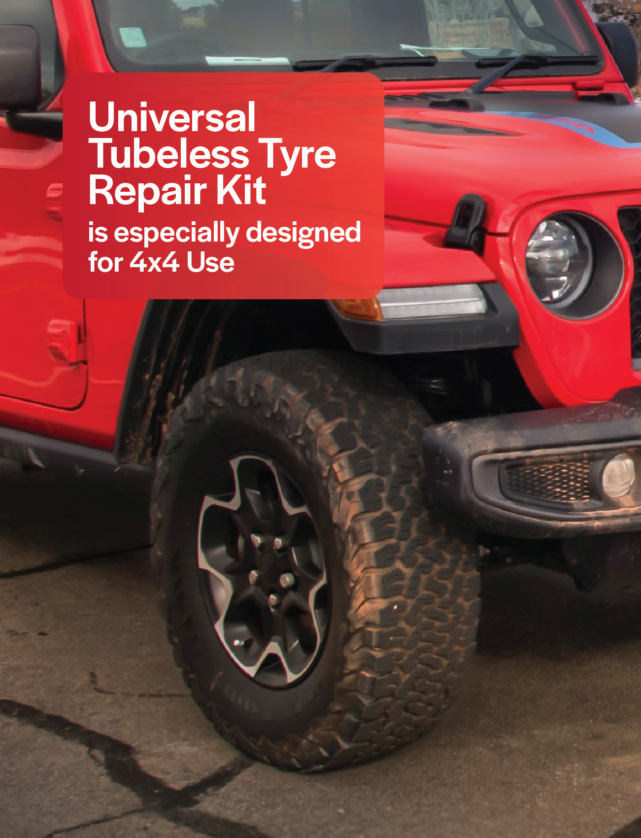 A red off-road vehicle with rugged tires is parked on a concrete surface. In the top left corner, text reads, "Sunland-Protection's Tubeless Tyre Repair Kit | Heavy Duty 27 Pce is specially designed for tubeless tyres.