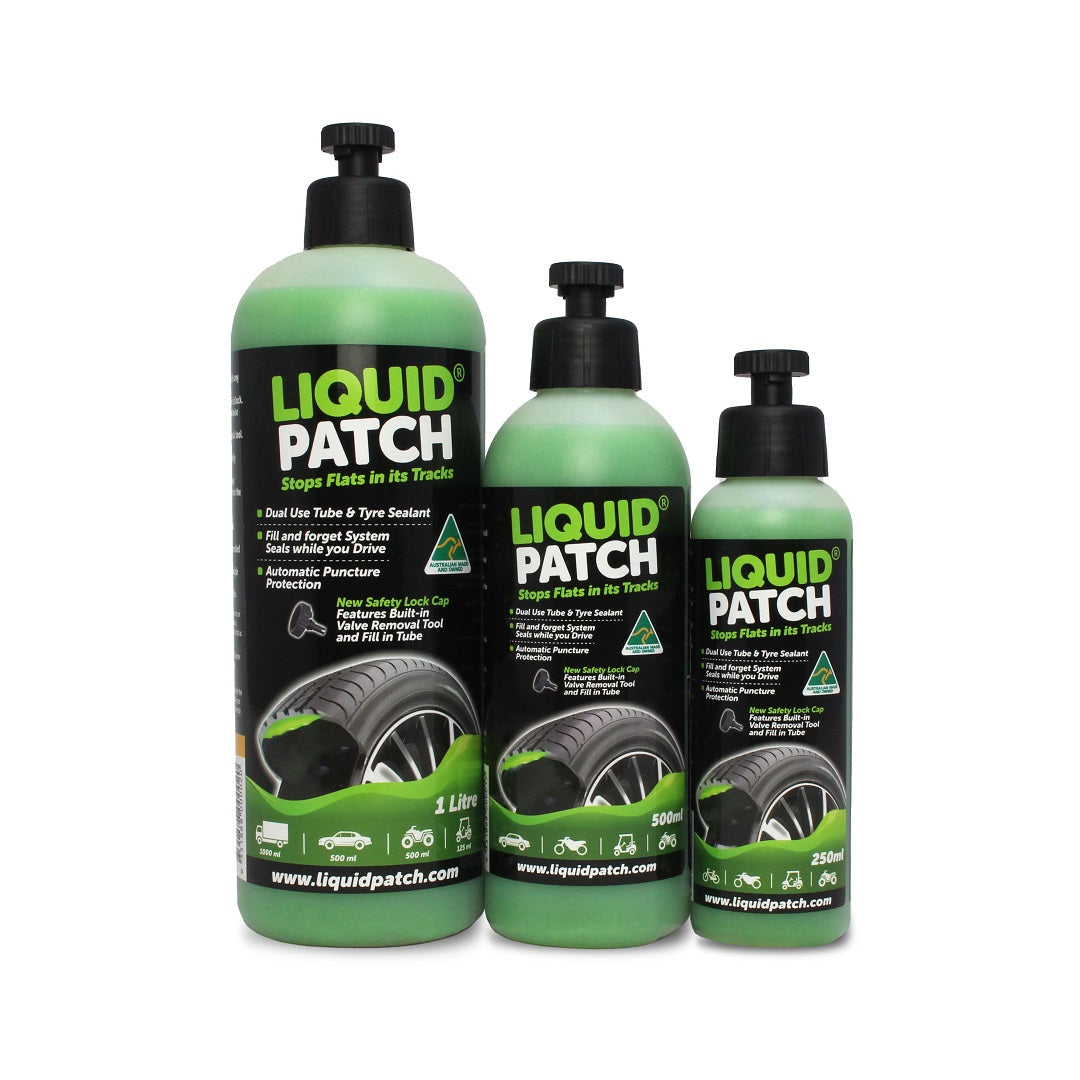 Displayed are three bottles of "Liquid Patch" tire sealant, each in green and featuring a safety lock cap. The bottles are available in sizes of 1 liter, 500 ml, and the product listed as "Tyre Puncture Repair - 250ml." Their labels highlight the sealant's ability to provide puncture protection for preventing flat tires.