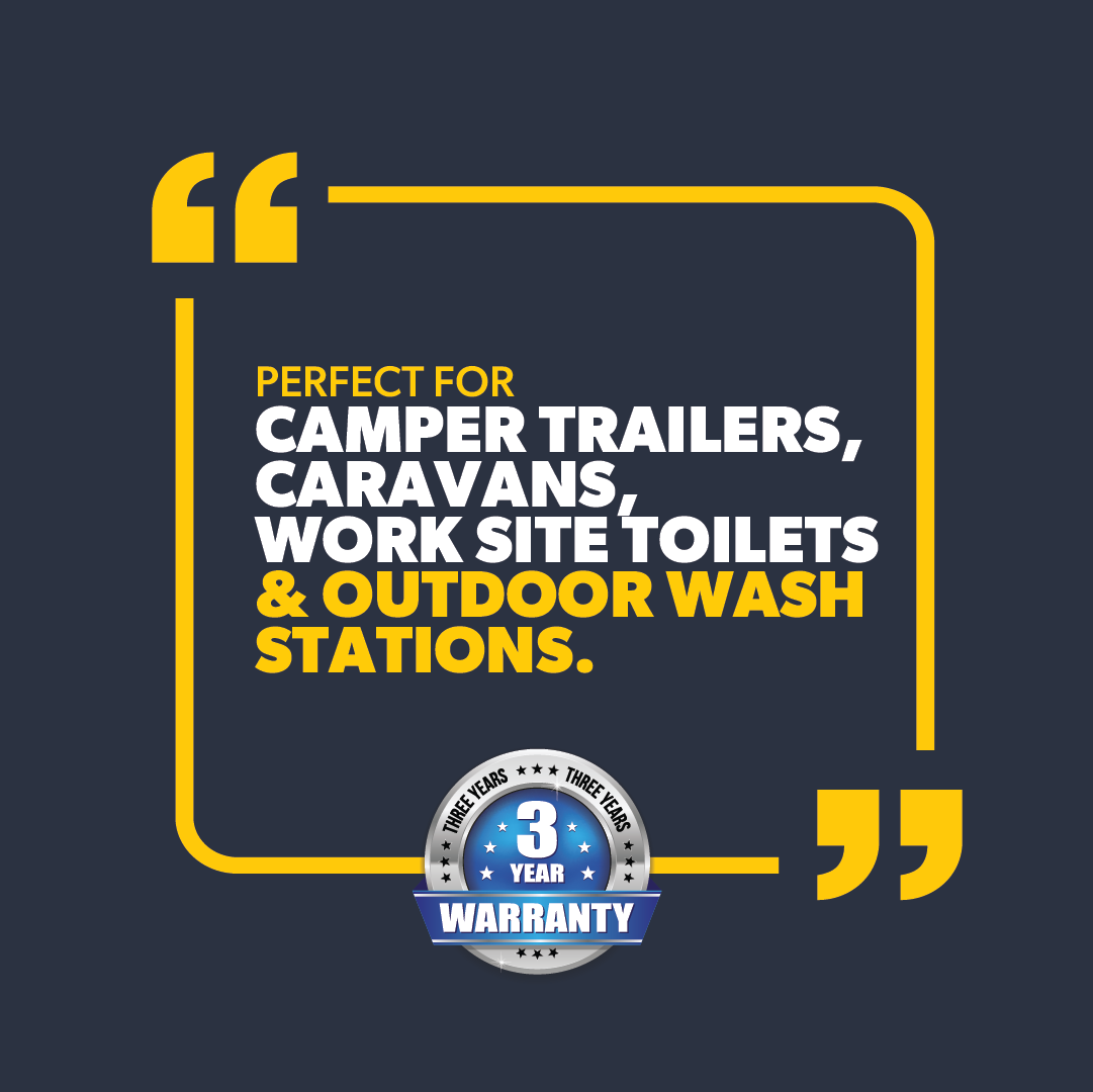 The bold text in a box reads: "Perfect for camper trailers, caravans, work site toilets & outdoor wash stations." The Explore Caravan Sink Pump - White is ideal with its self-priming function. A "3-year warranty" badge is shown below the white and yellow text on a dark background.