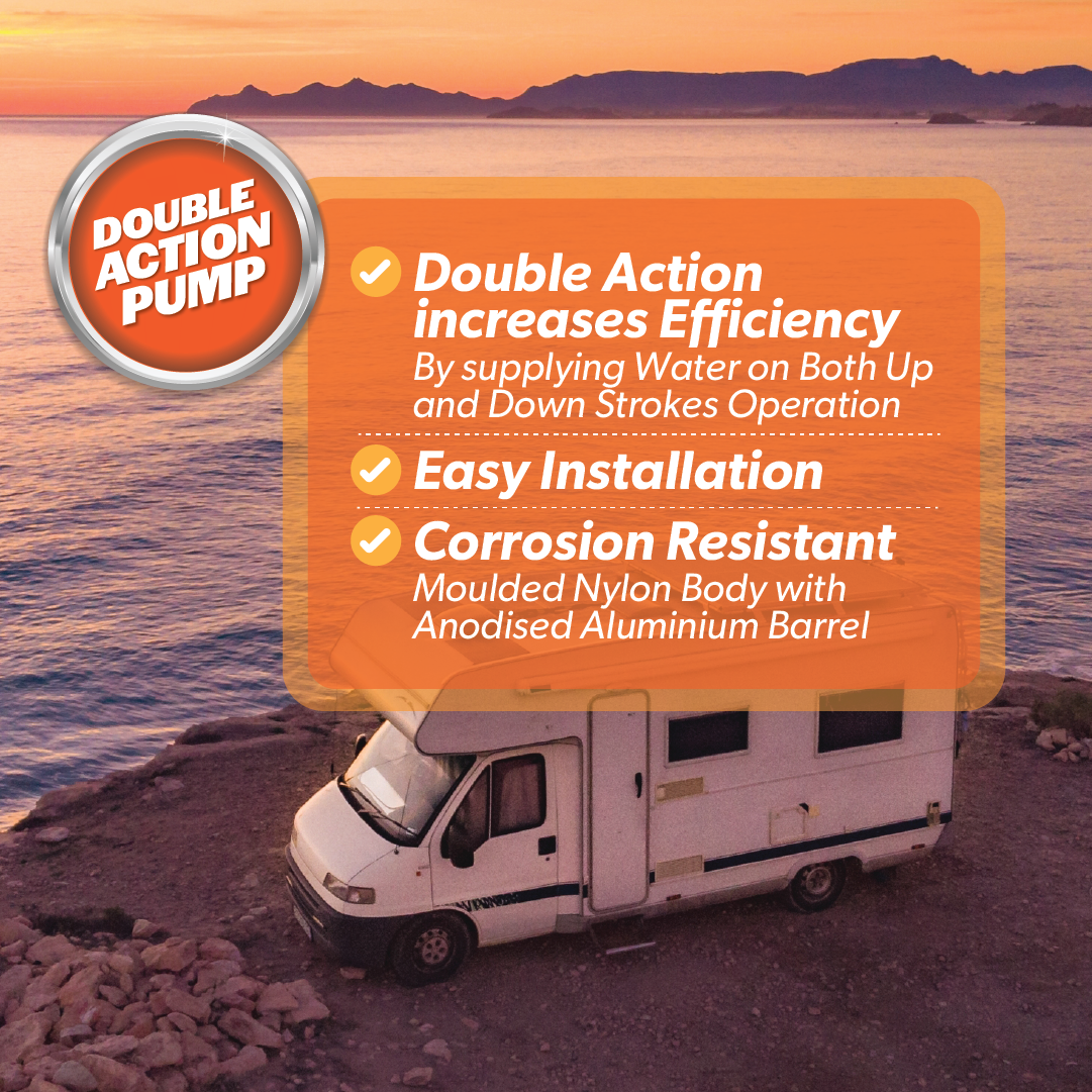 A camper van near a rocky shoreline at sunset features an orange text box highlighting the Caravan Sink Pump - White by Explore. This double action pump offers increased efficiency, easy installation, and corrosion resistance with its anodized aluminum barrel—perfect for any caravan sink needs.