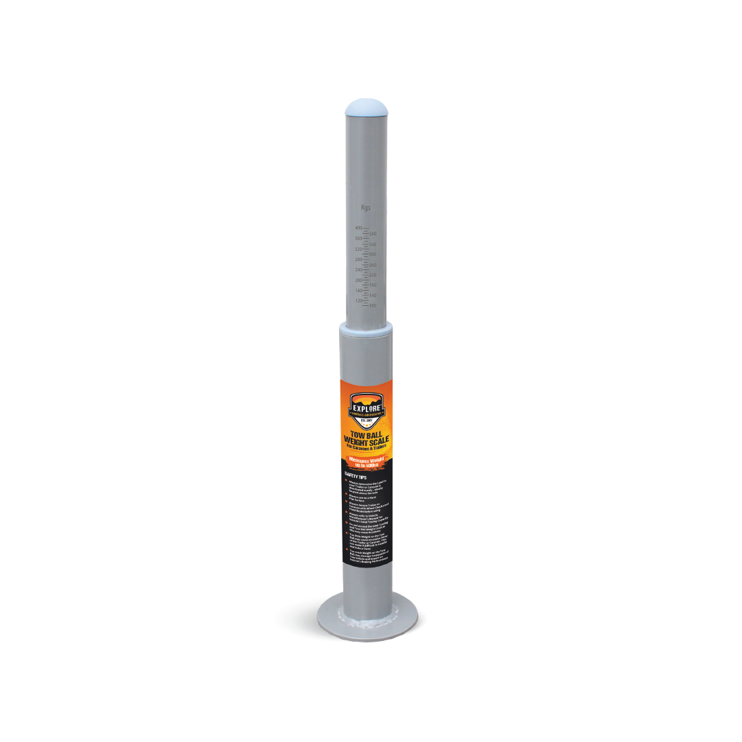 The Explore Tow Ball Weight Scales is a gray cylindrical tube resembling a sealant applicator, labeled with "Black Jack," featuring red and black stickers. It has measurement markings for precise load distribution, ensuring optimal caravan scales maintenance and tow ball weight balance.