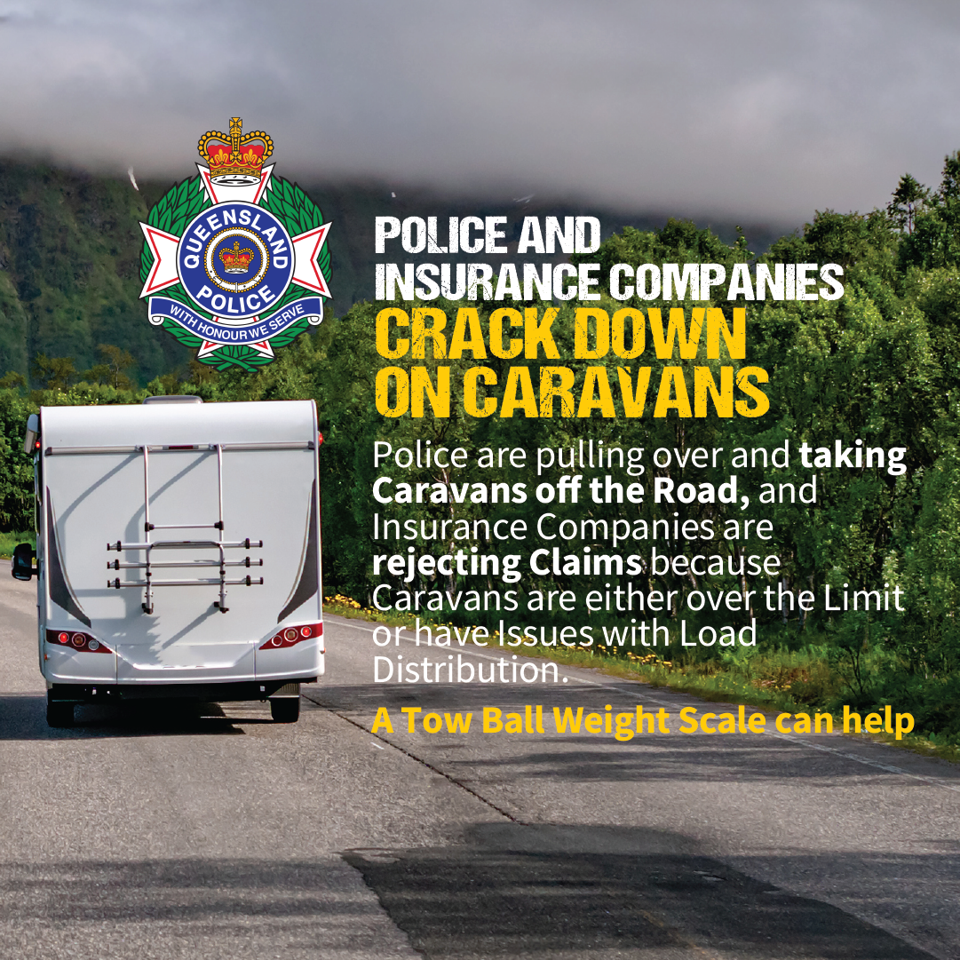 A caravan travels through a tree-lined road under a cloudy sky. Text over the image mentions police and insurance companies managing caravans, emphasizing tow ball weight and load distribution with Explore's Tow Ball Weight Scales. A "Queensland Police" logo is visible.