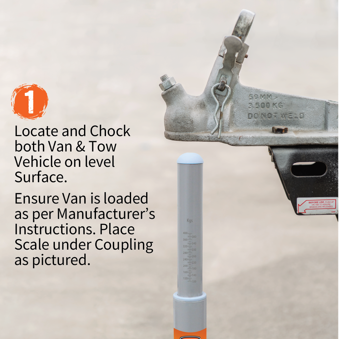 An instructional image shows a tow vehicle coupling over Tow Ball Weight Scales. Text reads: "1. Position and chock both the van and tow vehicle on a level surface. Ensure the van is loaded according to manufacturer's instructions for proper load distribution, then place Explore scales under the coupling as shown.