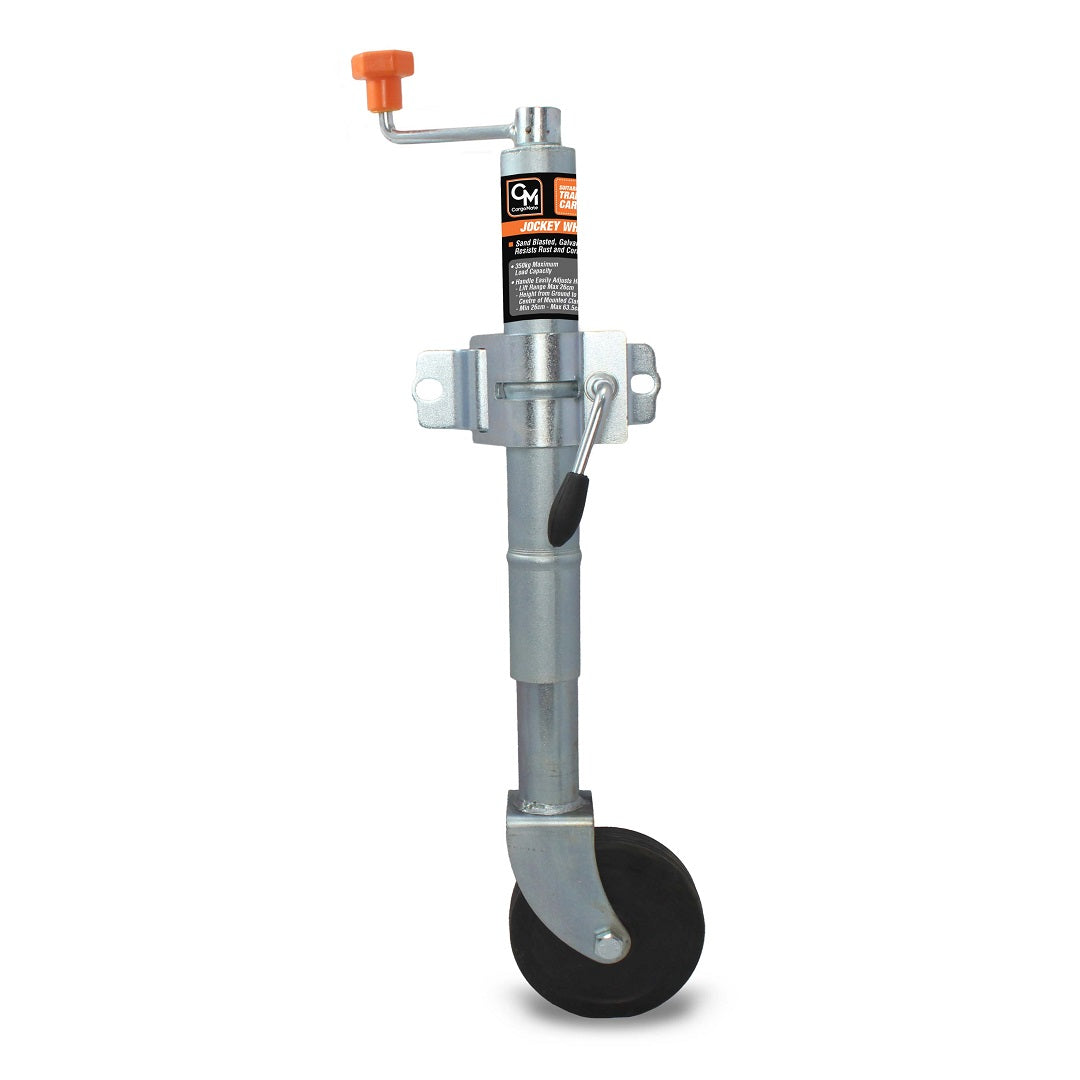 Introducing the Cargo Mate Clamp On Jockey Wheel by Cargo Mate. This versatile accessory features a sleek black and silver design with a convenient hand crank sporting an orange handle. Its galvanised finish provides enhanced durability, and the sturdy black rubber wheel guarantees easy maneuverability and support, making it an ideal choice for trailers and caravans.