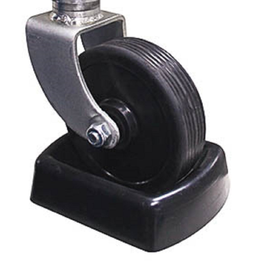 The Cargo Mate Jockey Wheel Receiver features a durable rubber tire on a metal bracket, set in a black chock to secure it on soft ground.