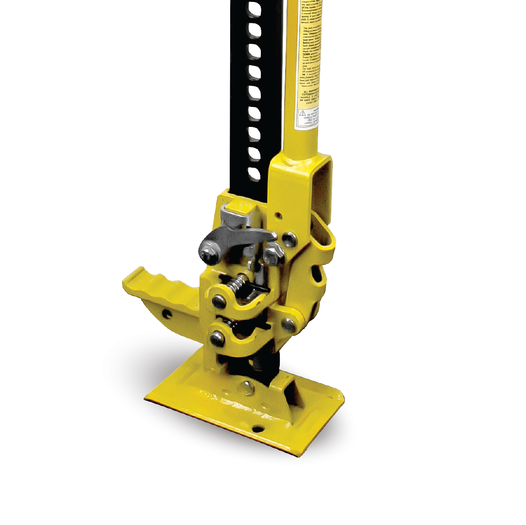 The Mean Mother High Lift Jack 48" is a yellow mechanical farm jack featuring a sturdy metal base and an adjustable height mechanism, ideal for heavy-duty tasks. With a series of holes along its vertical bar for customization, this high lift jack provides stability on various surfaces, making it an essential recovery accessory.