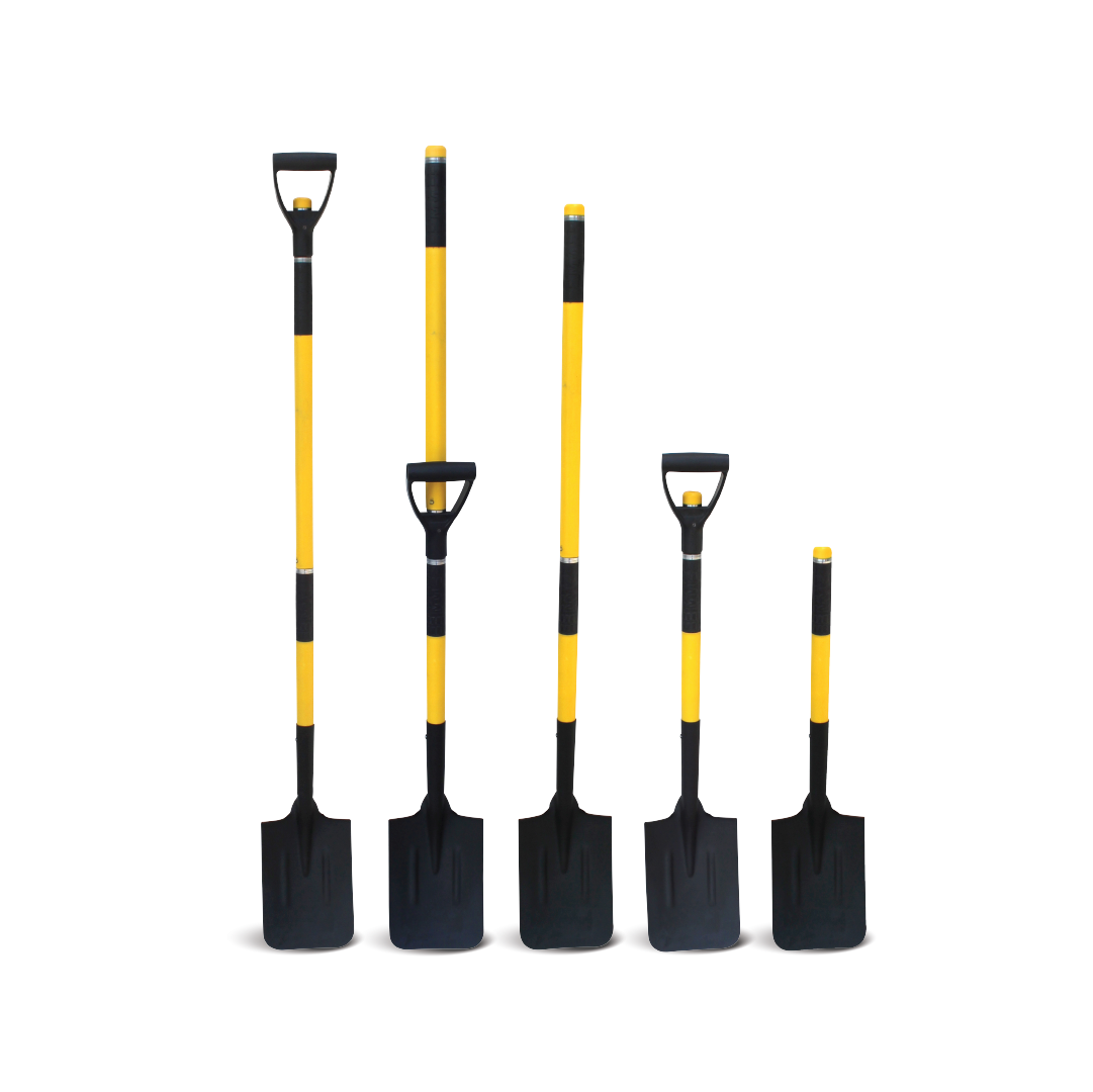 Five shovels from the Mean Mother 4x4 5-IN-1 Multi 4x4 Recovery Shovel set are arranged in a row against a white backdrop. These shovels have black blades and yellow handles in varying heights. Two of them have D-shaped handles, while the other three come with straight grips, making it the ideal multi-shovel set for your adventures.