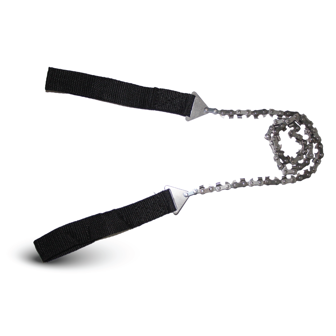 The Mean Mother 4x4 Hand Chain Saw features a metal chain and black fabric handles for easy manual cutting of wood or branches—an essential tool for any camping gear or 4x4 recovery kit.
