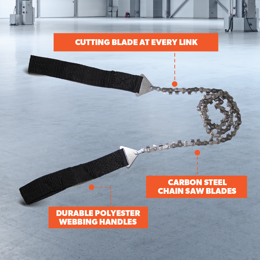 The Mean Mother 4x4 Hand Chain Saw, featuring black polyester webbing handles and carbon steel blades with cutting edges on every link, is a camping essential shown in a spacious industrial indoor setting.