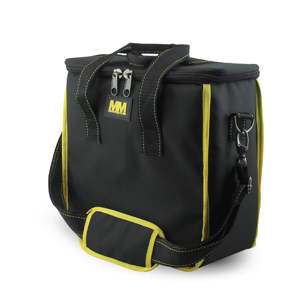 Introducing the Mean Mother 4x4 Recovery Kit Bag - Small, an insulated black and yellow lunch bag. It boasts a heavy-duty zipper, shoulder strap, reinforced handles, contrast stitching, and a metal D-ring on the side. Built for rugged use, it's ideal for carrying essentials like 4WD recovery gear.