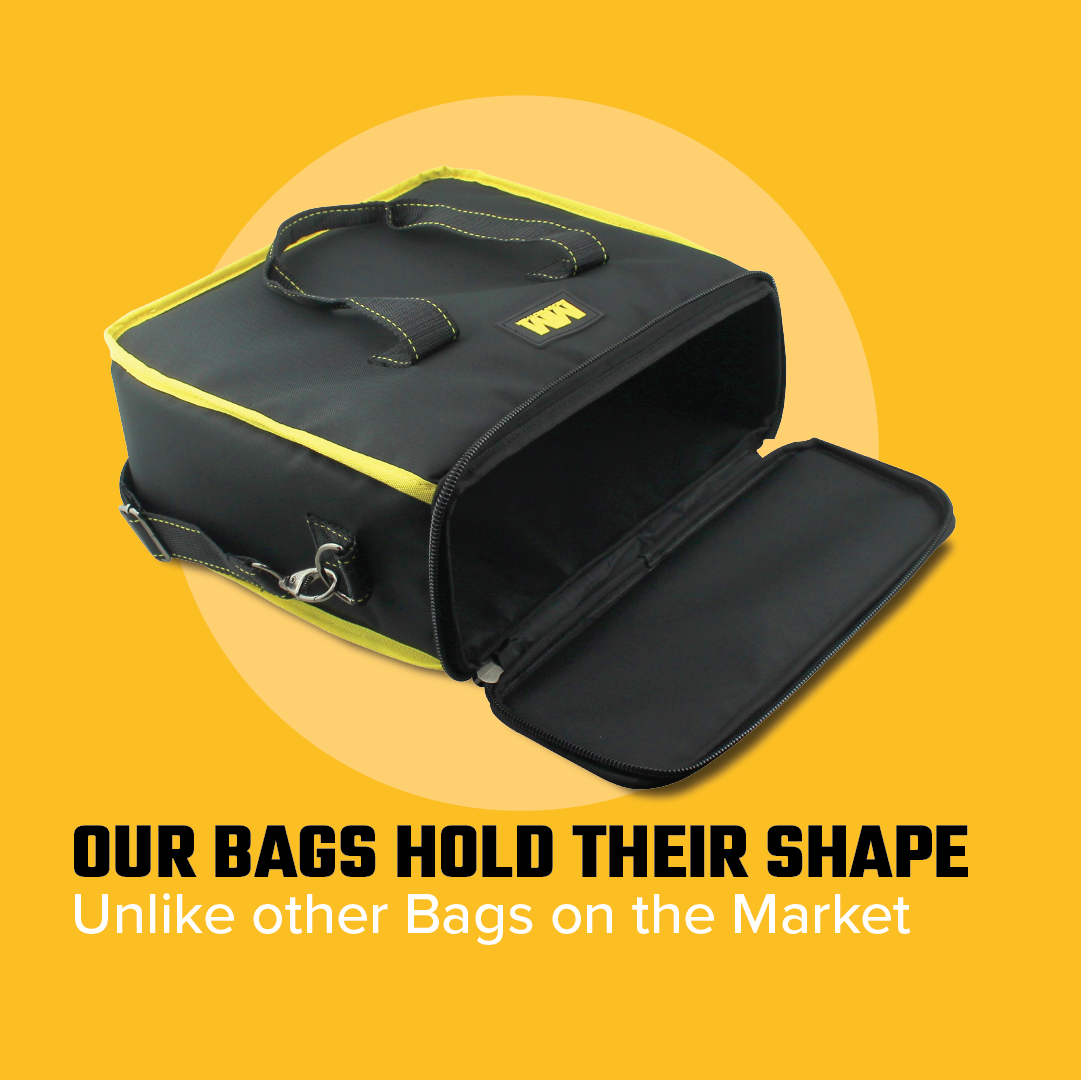 A black and yellow durable Recovery Kit Bag - Small from Mean Mother 4x4 is shown open against a yellow background. Text reads, "OUR BAGS HOLD THEIR SHAPE Unlike other Bags on the Market," highlighting its heavy-duty zipper for extra reliability.