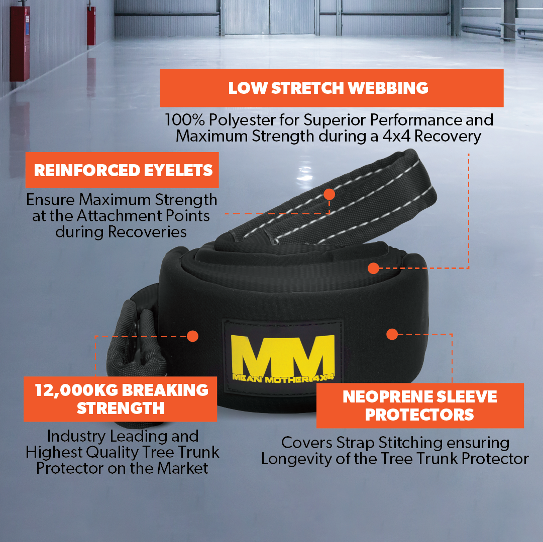 A photograph showcases the Mean Mother 4x4 Tree Trunk Protector 75mm / 5m 12,000kg with specification details displayed. The image emphasizes features such as low stretch webbing, reinforced eyelets, and a breaking strength of 12,000kg for efficient recovery. Neoprene sleeve protectors are prominently shown against the setting of a vast industrial area.