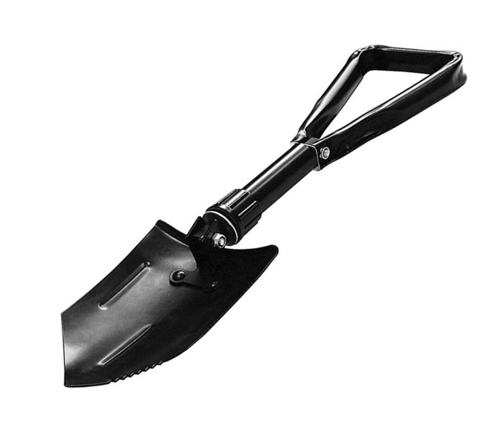 The Mean Mother 4x4 Folding Shovel, made of durable steel, features a black triangular spade and D-shaped handle. Easy to store and transport in its convenient bag, it's ideal for camping, hiking, or gardening.