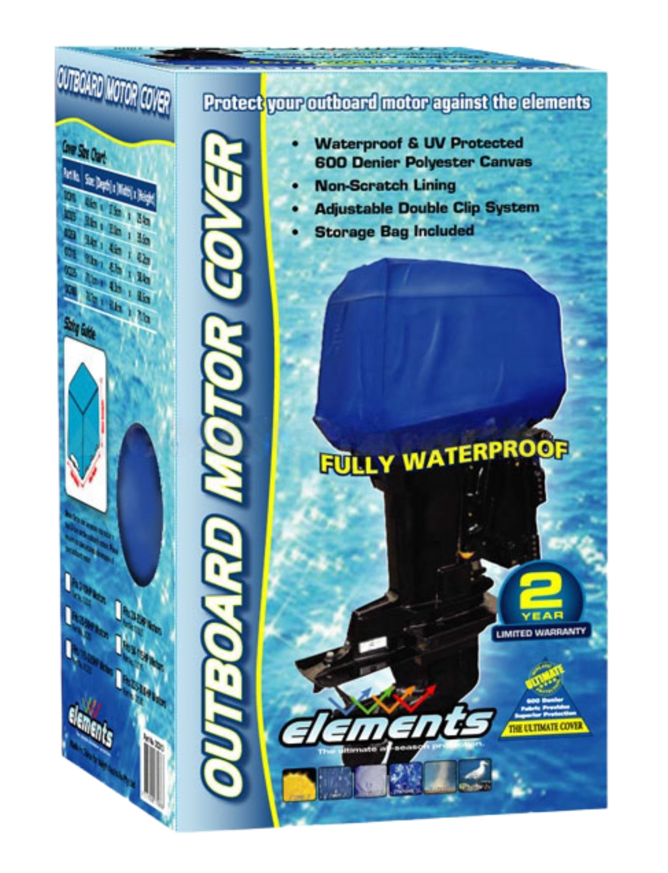 The product box features the Sunland-Protection Outboard Cover 115-225HP, highlighting its waterproof polyester canvas and UV protection. Constructed from 600 denier material, it includes a double clip system and storage bag. A blue cover with a 2-year warranty is prominently displayed.