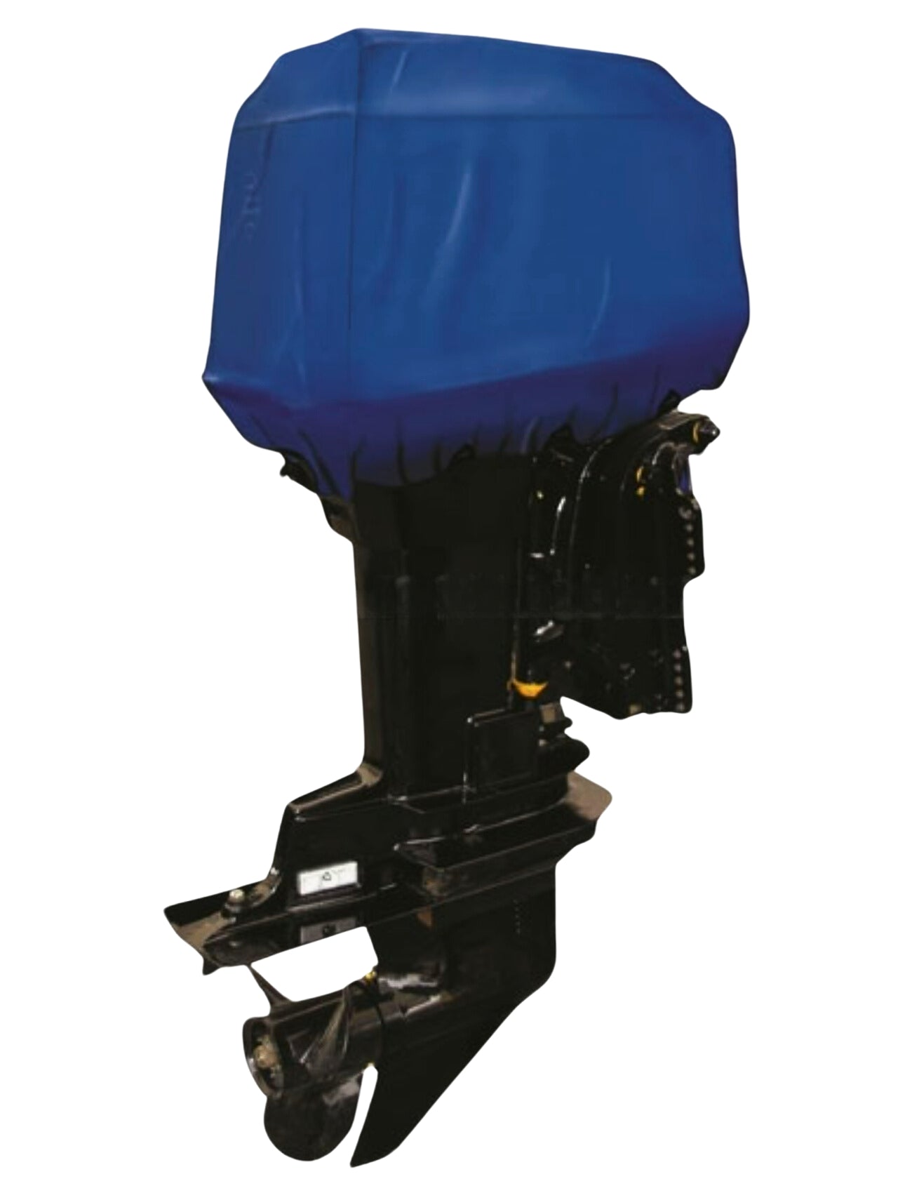 The Sunland-Protection Outboard Cover 25-50HP is a waterproof polyester canvas that offers UV protection, shown here in blue over a boat motor's top section. The cover highlights the propeller and mounting bracket, isolated against a white background.