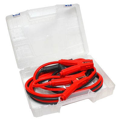A set of Battery Link's Jumper Leads | 750Amp in red and black, neatly coiled inside an open transparent plastic case, featuring clamps for connecting car batteries.